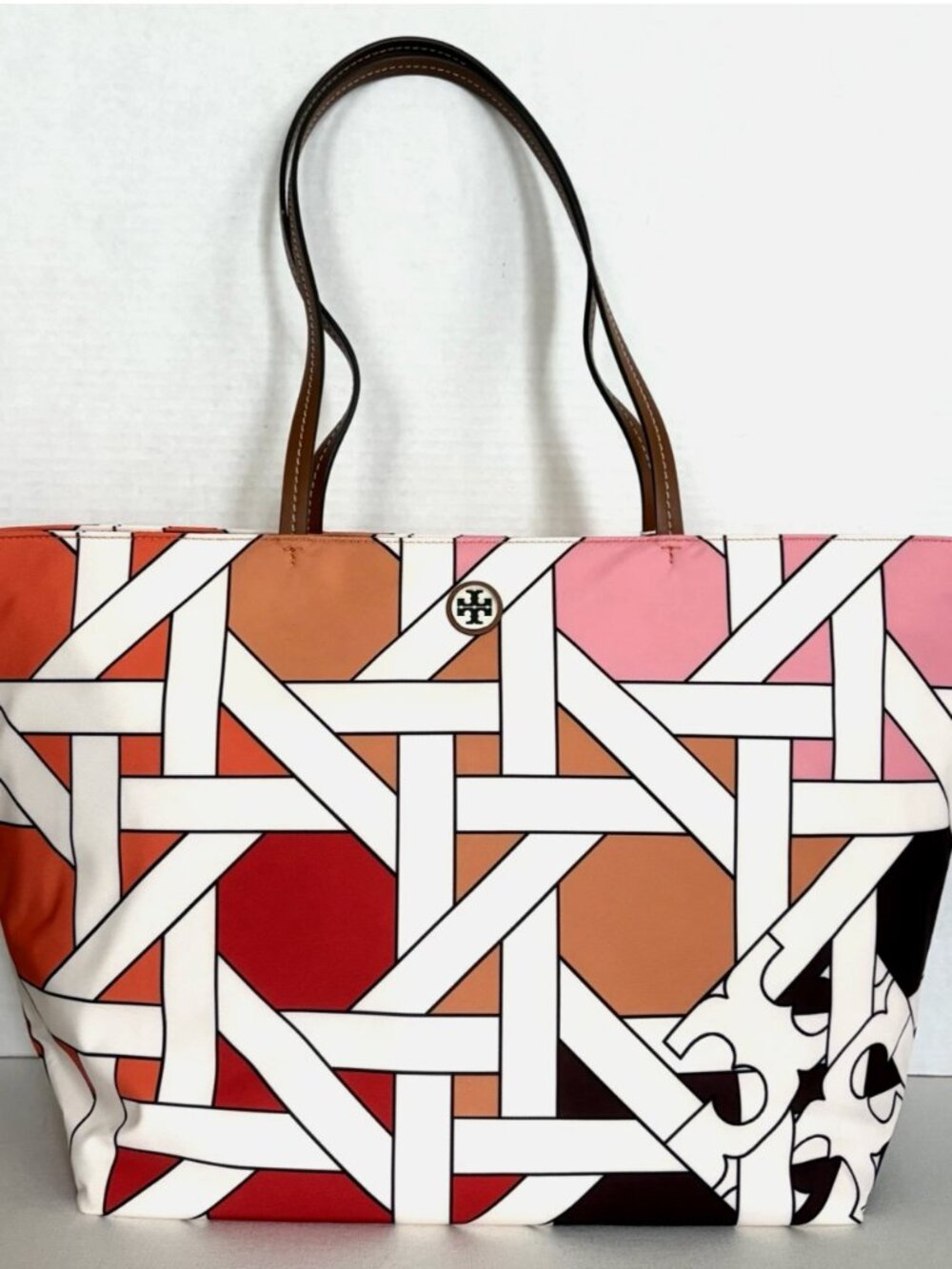 New Tory Burch Nylon Printed Tote Colorblock Pink-Red Basketweave